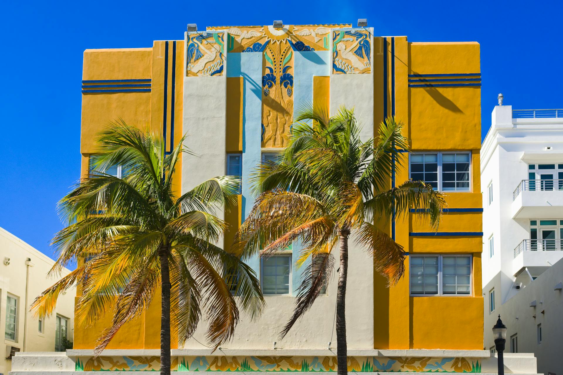 Casa Marela Art Deco façade on Ocean Drive at golden hour